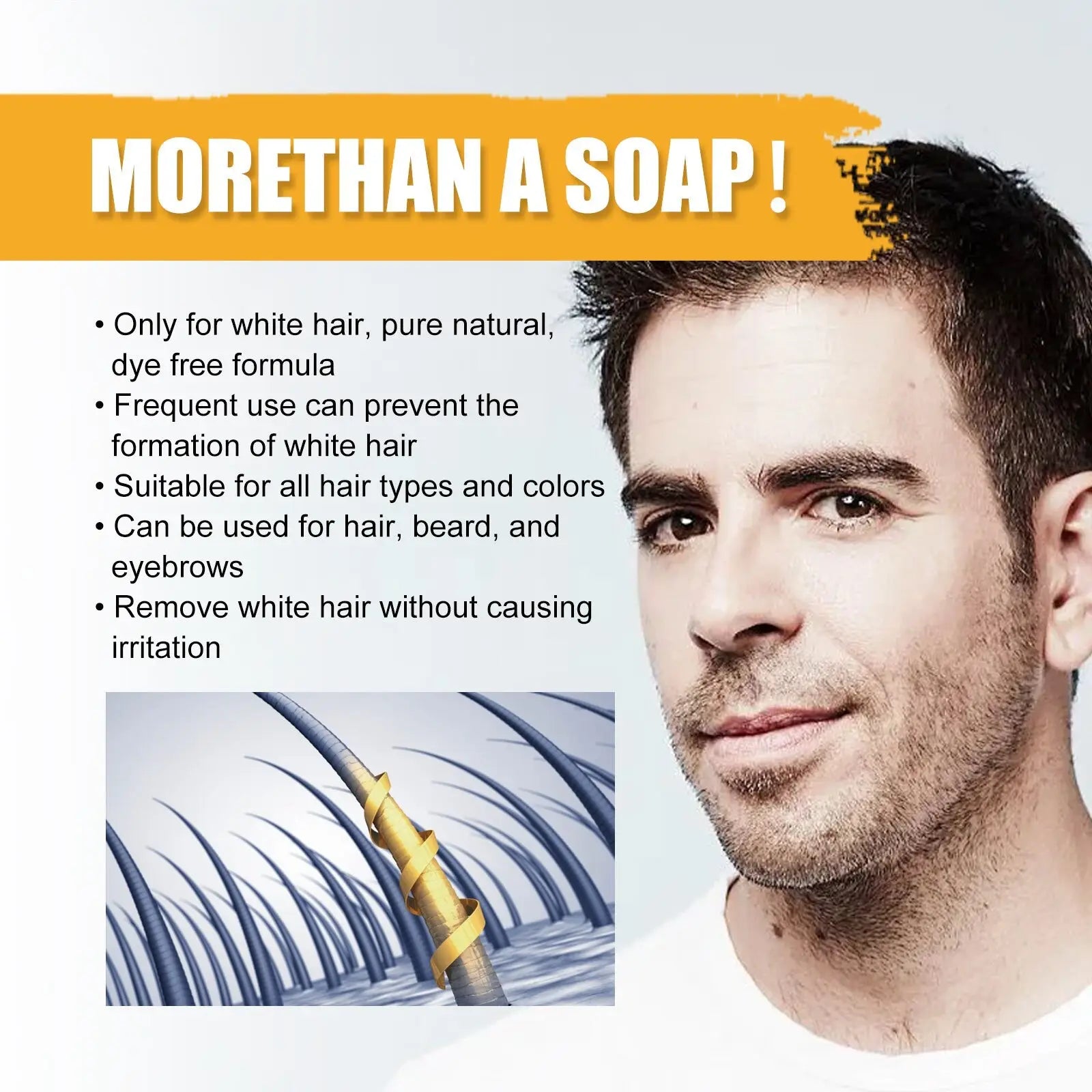 A golden spiral-shaped hair treatment applicator for irritation-free white hair removal with east moon men’s grey coverage soap bar