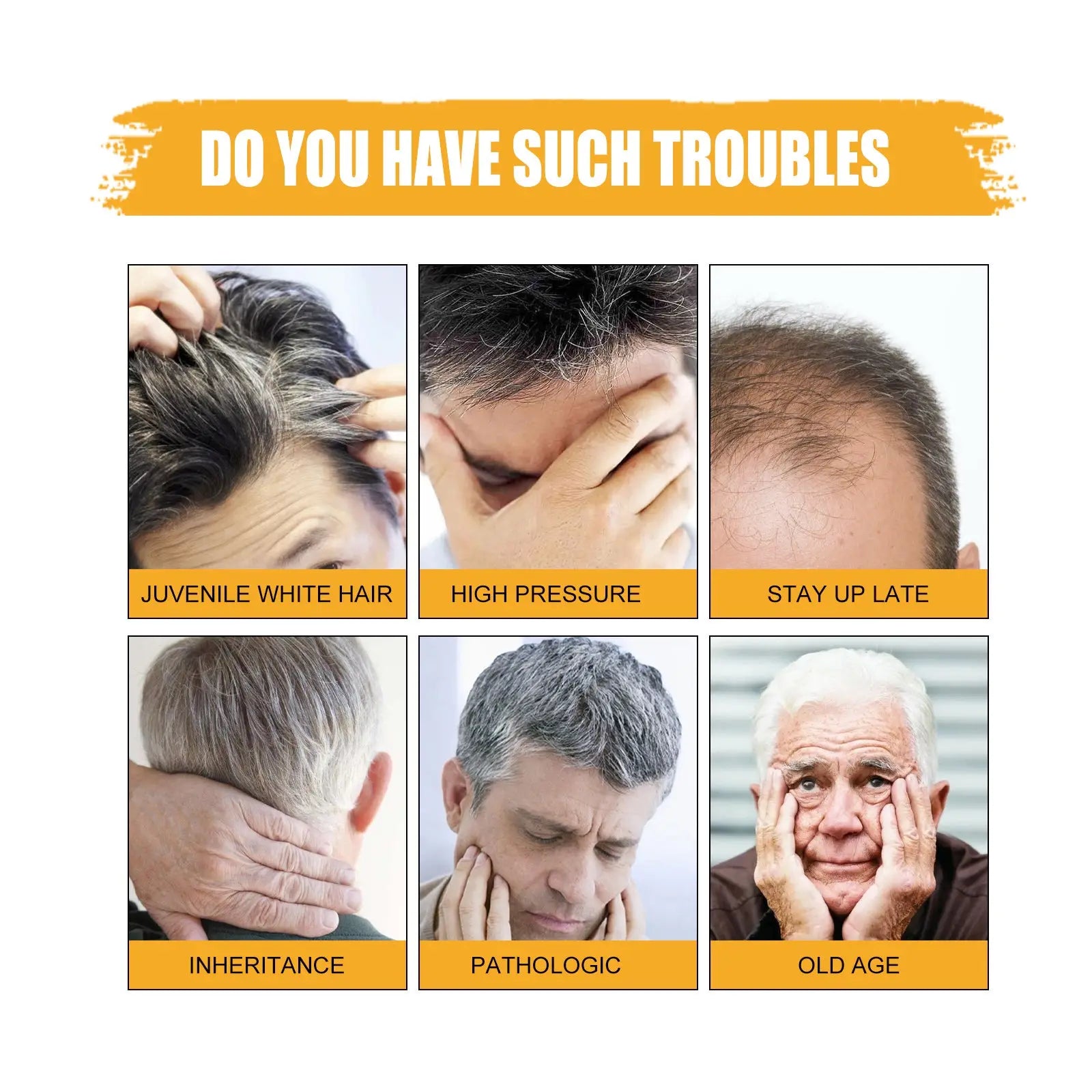 The east moon men’s grey coverage black hair soap bar features six panels illustrating causes of hair loss and gray hair