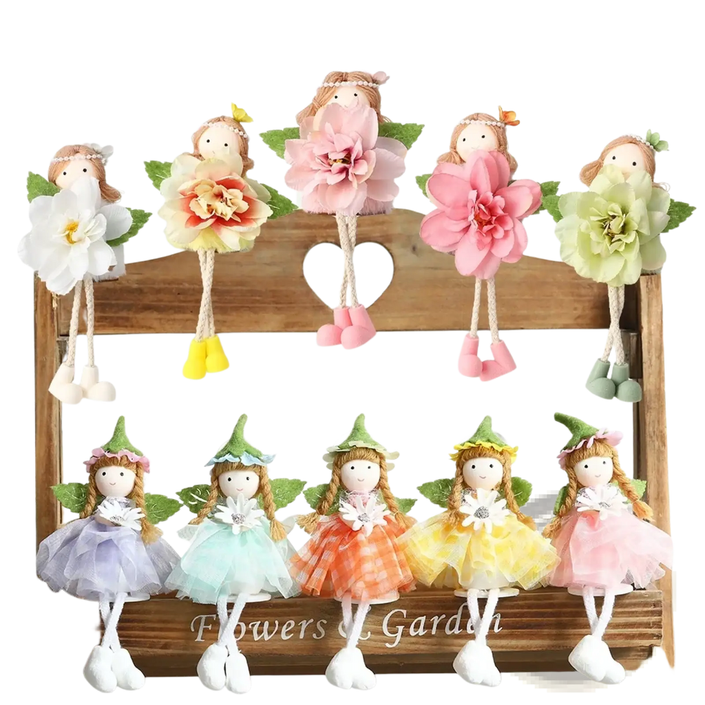 Easter bunny fairy hanging ornaments featuring colorful handmade floral dress dolls with wings for decoration