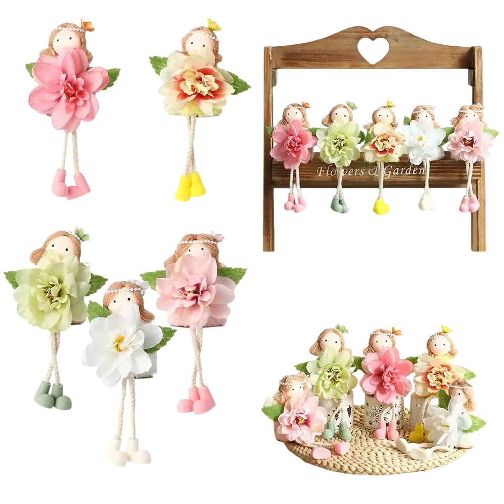 Easter bunny fairy hanging ornaments with soft fabric bodies, colorful pink peach and white flower heads, and yarn feet