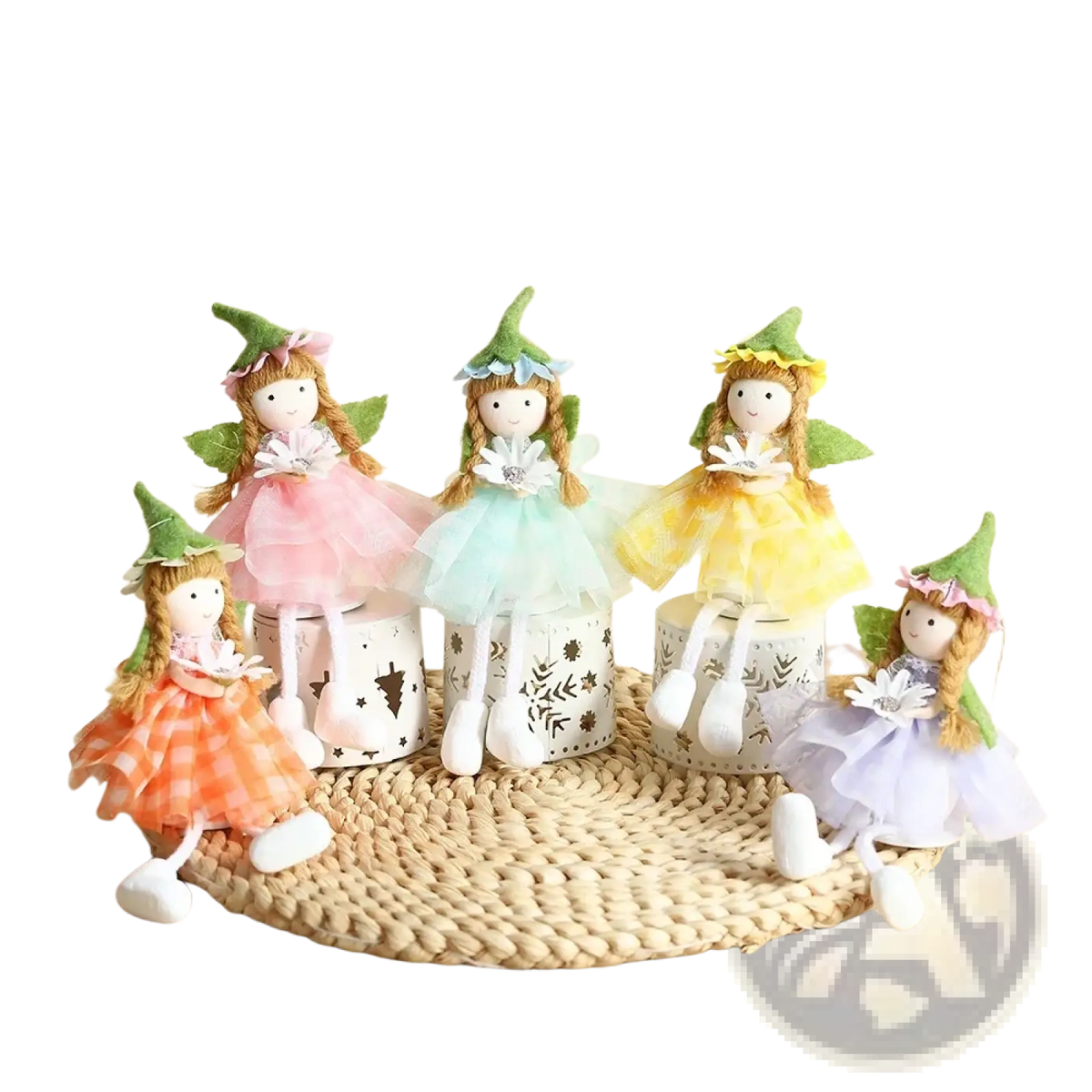Five whimsical fairy hanging ornaments with green pointed hats and pastel fabric dresses seated on decorative bases