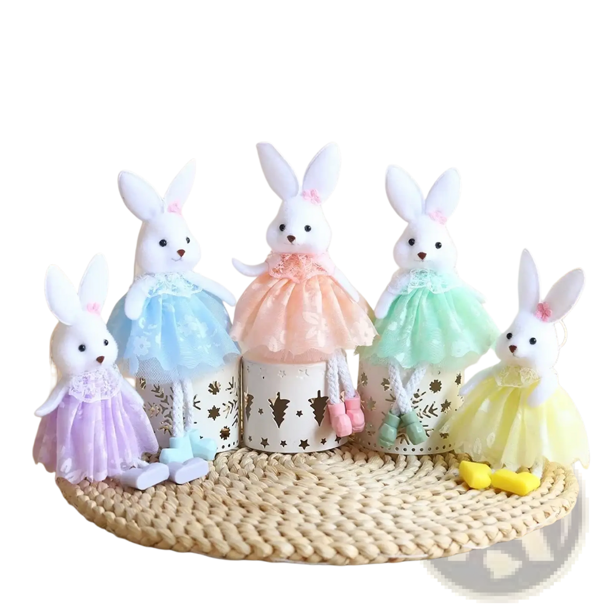 Five white plush bunny figurines wearing pastel lace tutu dresses and matching shoes as easter bunny fairy hanging ornaments