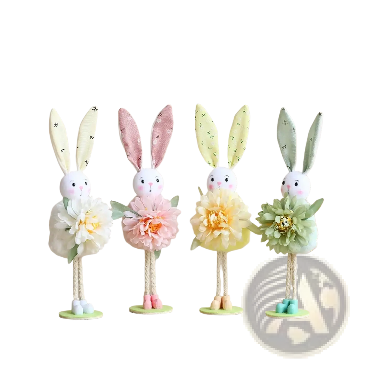 Four pastel-colored fabric easter bunny fairy hanging ornaments with embroidered ears and layered paper flower skirts