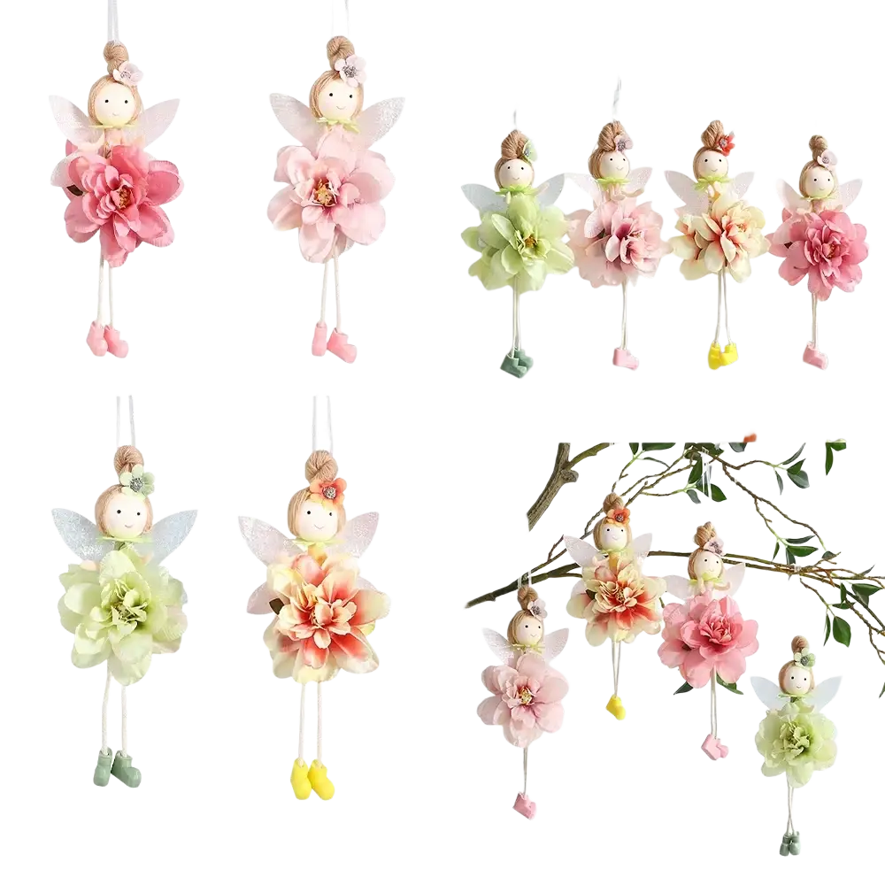 Easter bunny fairy hanging ornaments with pastel fabric wings floral dresses wooden heads and dangling shoes