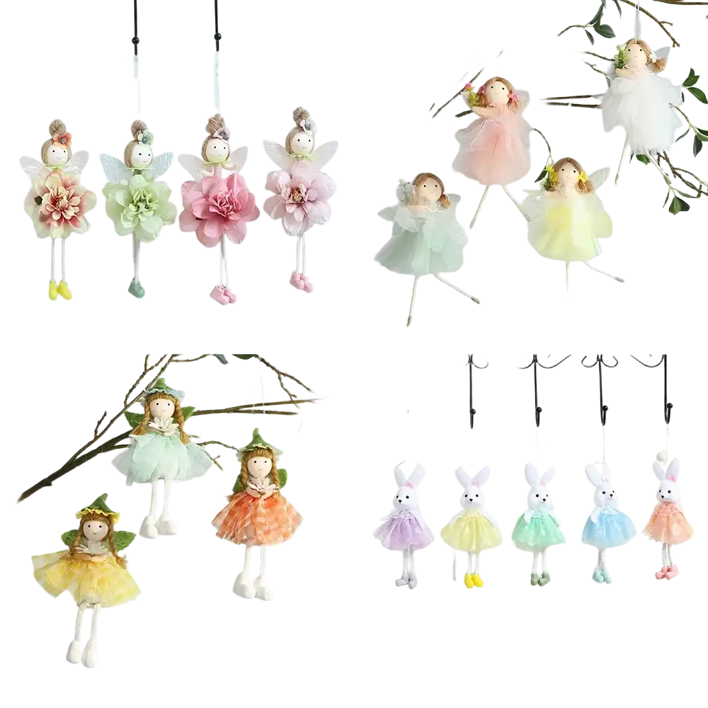 Pastel-colored Easter bunny fairy hanging ornaments with delicate fabric dresses soft yarn hair and embroidered faces