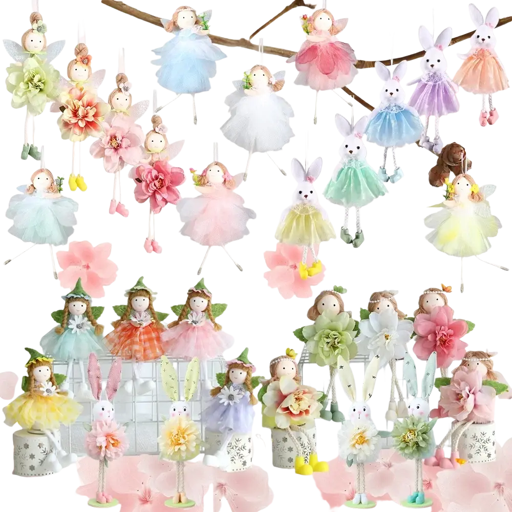 Easter bunny fairy hanging ornaments with pastel colors, delicate tulle dresses, floral accents, and soft fabric details