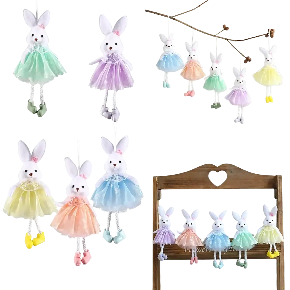 Pastel-colored easter bunny fairy hanging ornaments with lace tutus and dangling shoes for decorative use
