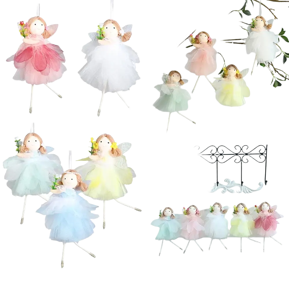 Easter bunny fairy hanging ornaments with pastel colors sheer tulle skirts delicate wings and small flower bouquets