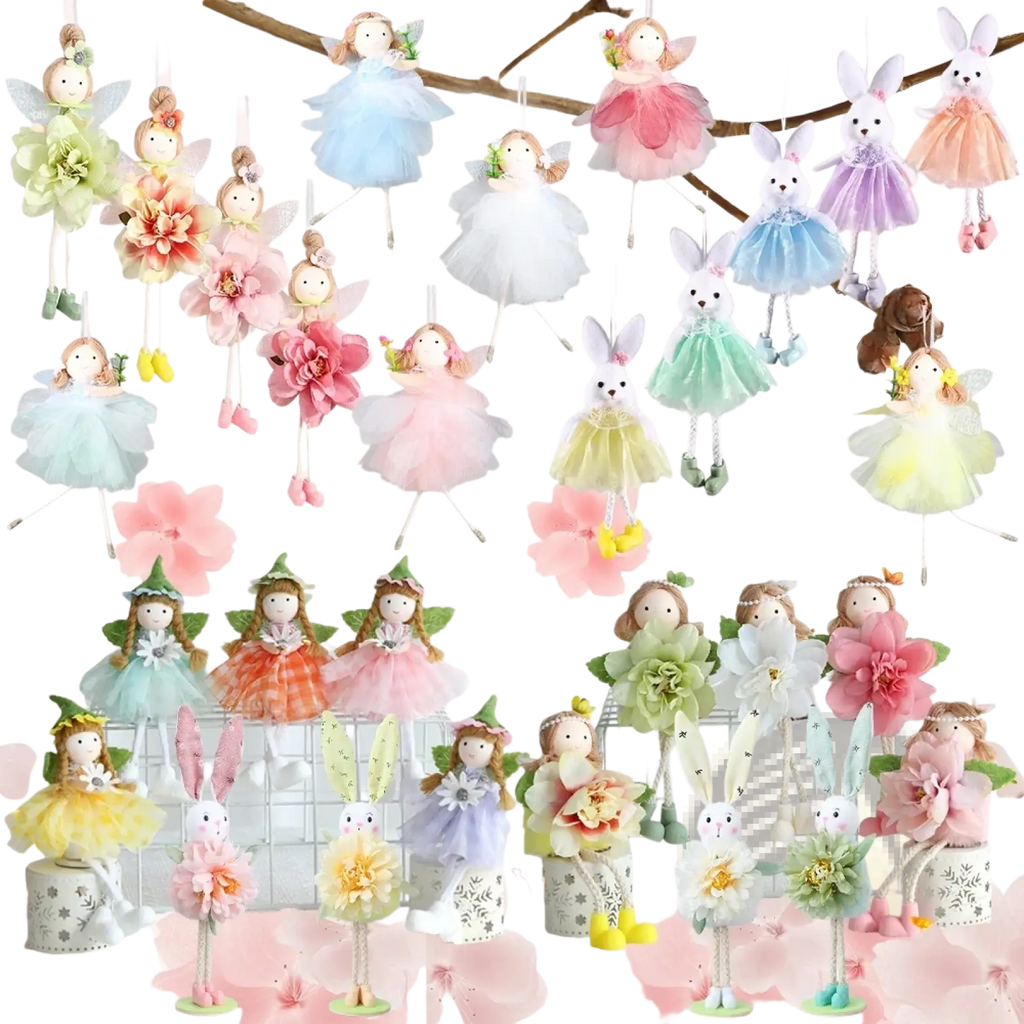 Easter bunny fairy hanging ornaments with pastel colors, delicate tulle dresses, floral accents, and soft fabric details