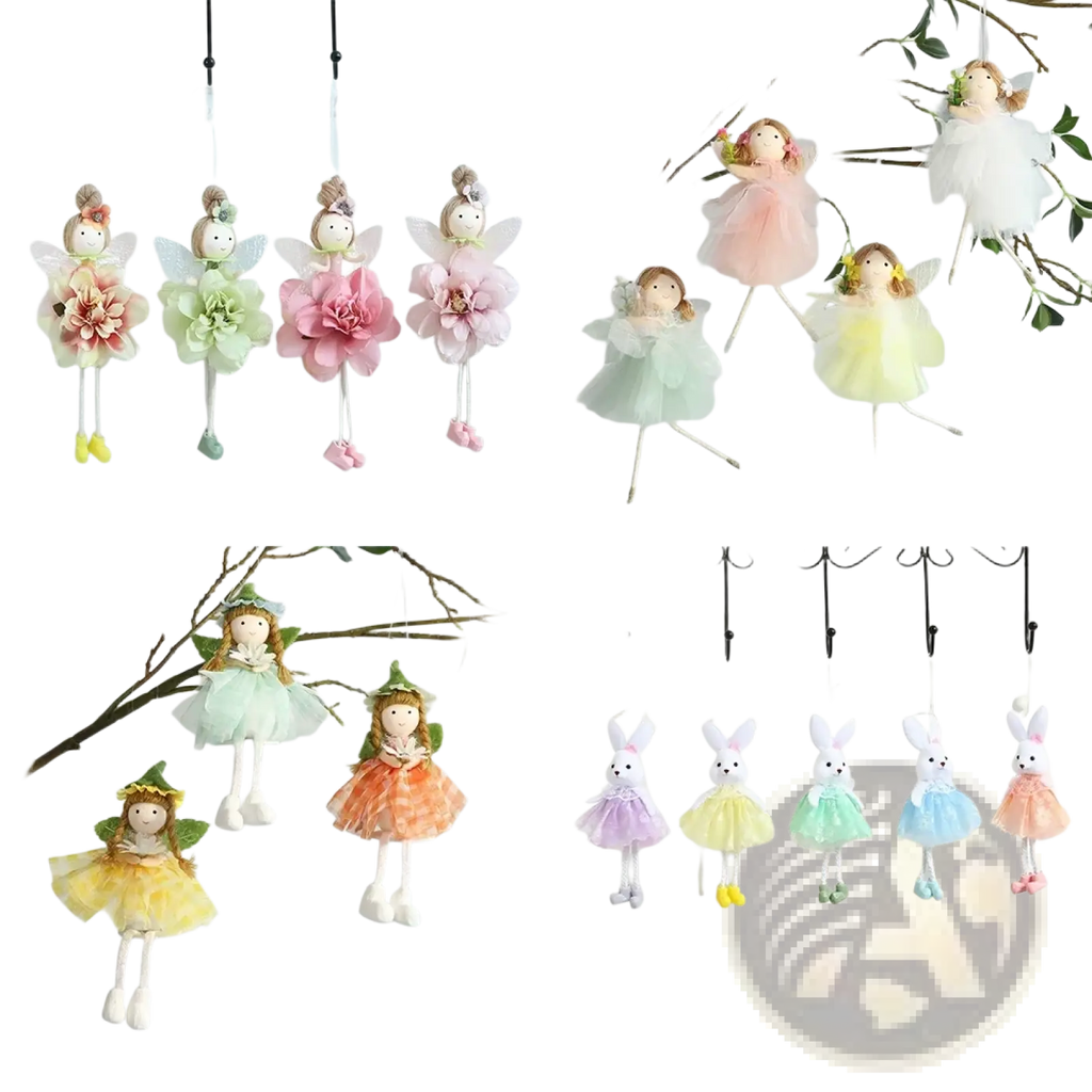 Pastel-colored Easter bunny fairy hanging ornaments with delicate fabric dresses soft yarn hair and embroidered faces