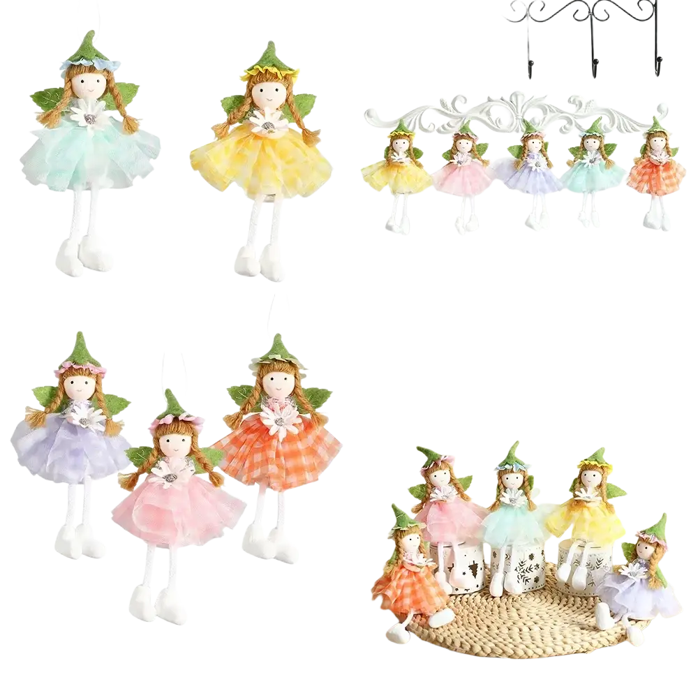 Pastel-colored easter bunny fairy hanging ornaments with green pointed hats, leafy wings, and lace-like skirts in mint, yellow, pink, lavender, and orange