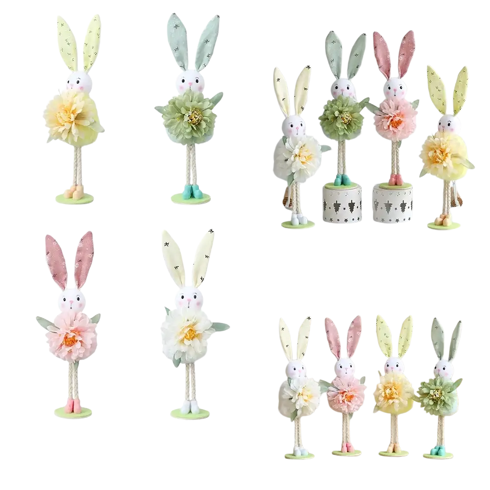 Pastel-colored pastel plush bunny figurines with embroidered ears and floral dresses standing on green bases for easter bunny fairy hanging ornaments
