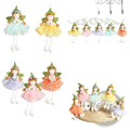 Pastel-colored easter bunny fairy hanging ornaments with green pointed hats, leafy wings, and lace-like skirts in mint, yellow, pink, lavender, and orange