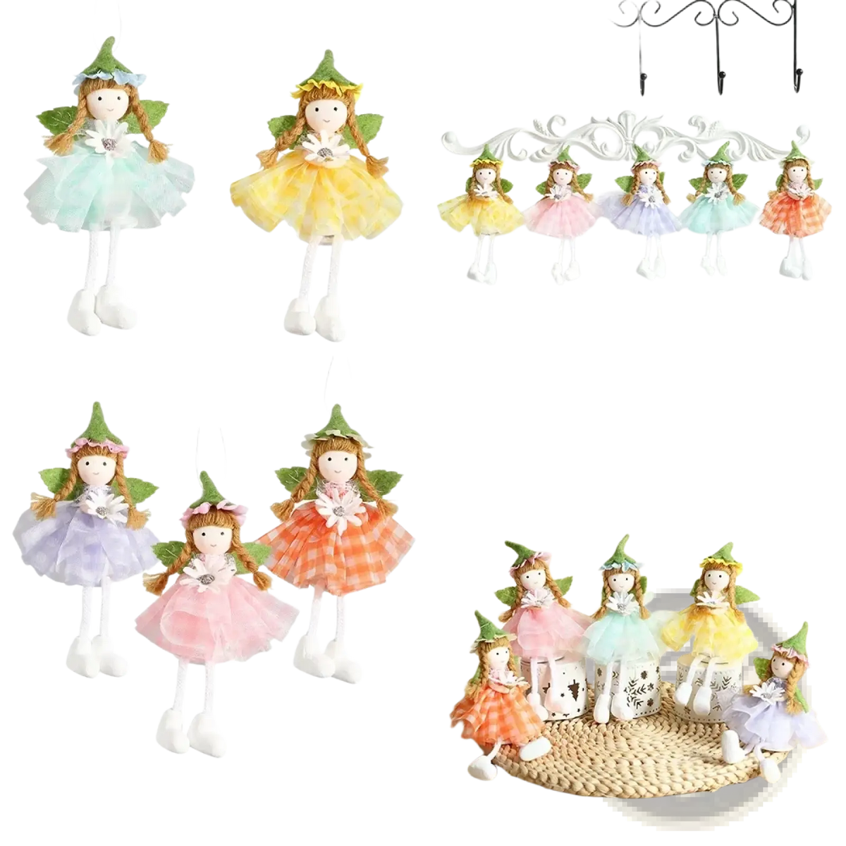 Pastel-colored easter bunny fairy hanging ornaments with green pointed hats, leafy wings, and lace-like skirts in mint, yellow, pink, lavender, and orange