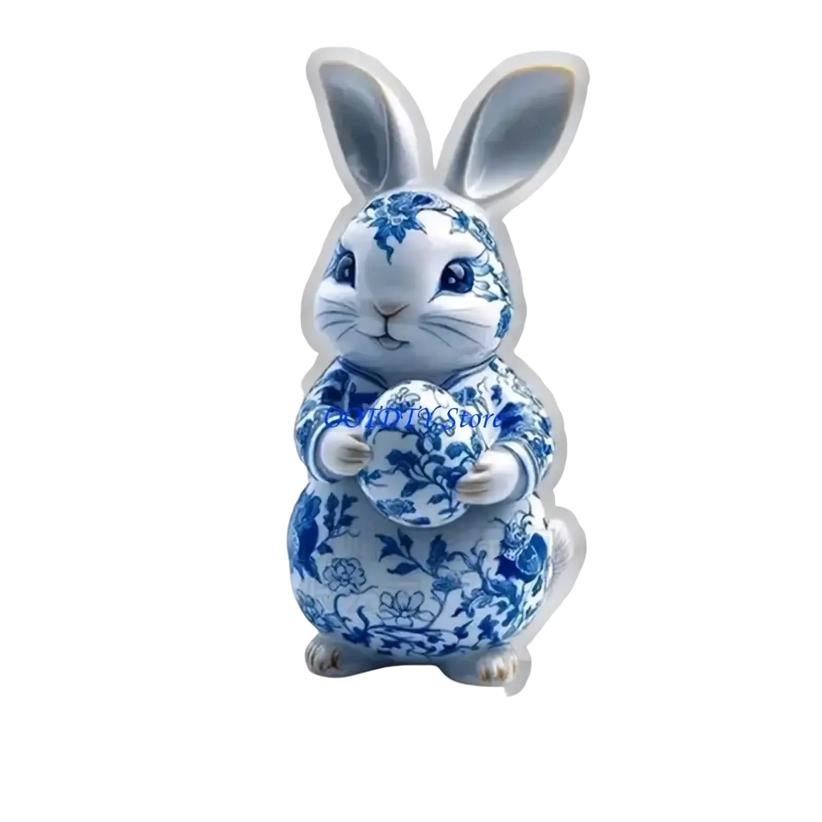 Easter bunny figurine acrylic centerpiece featuring a blue and white porcelain rabbit with floral patterns holding an egg