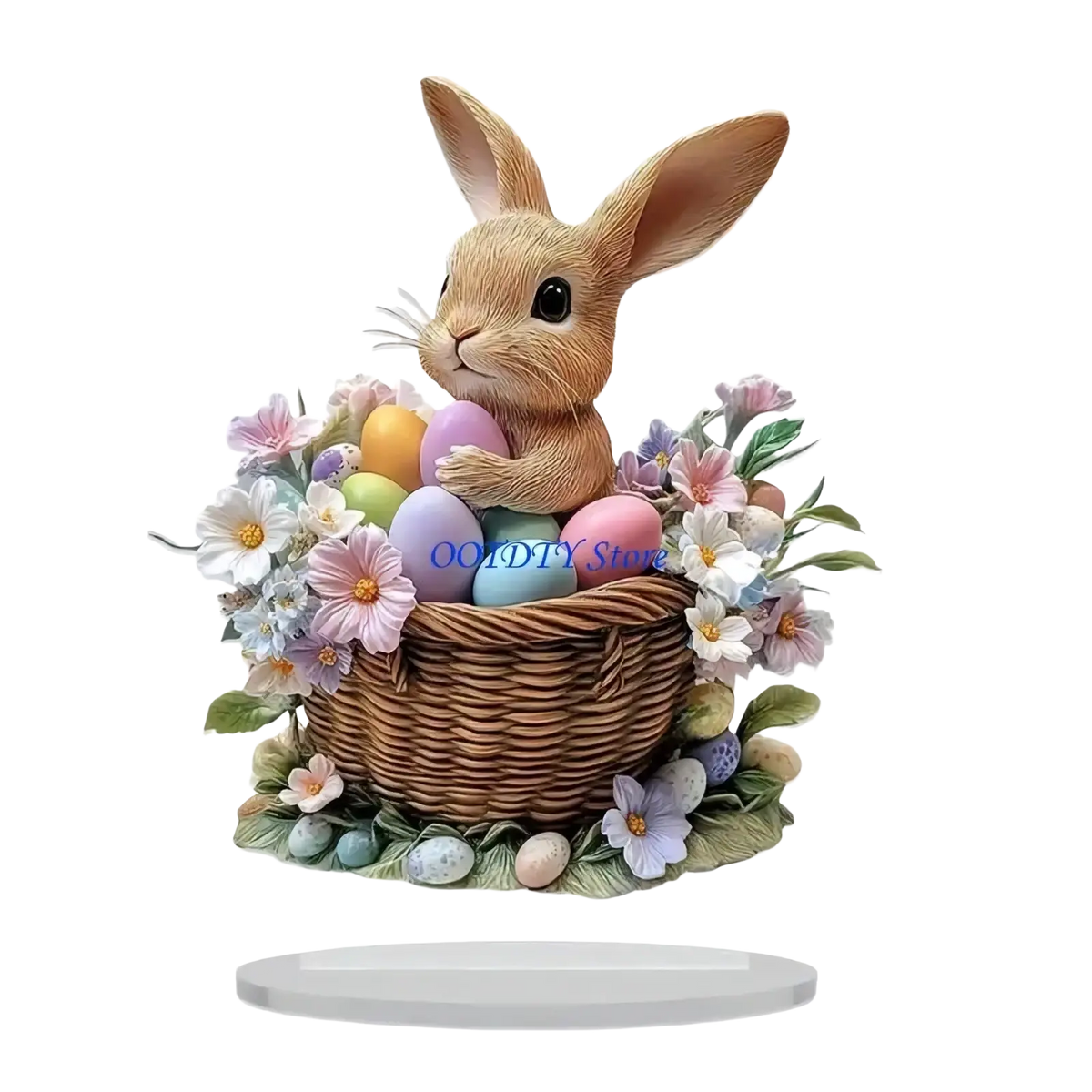 A charming brown acrylic easter bunny figurine nestled in a woven wicker basket with pastel eggs and flowers centerpiece