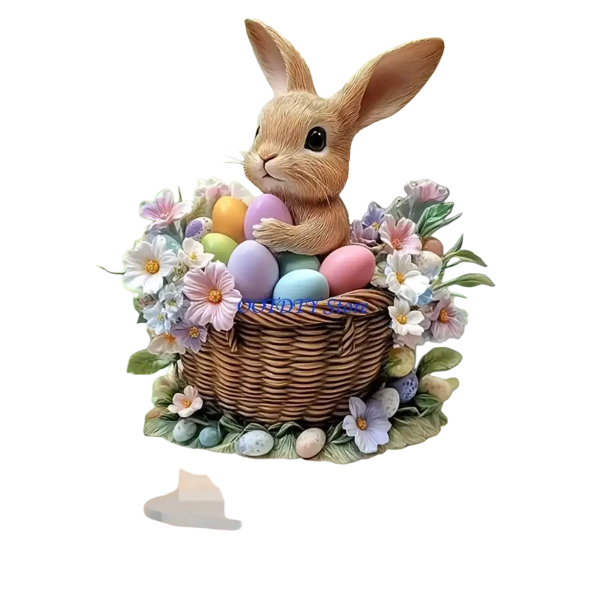 A charming brown ceramic easter bunny figurine in a woven basket with pastel eggs as a spring table centerpiece