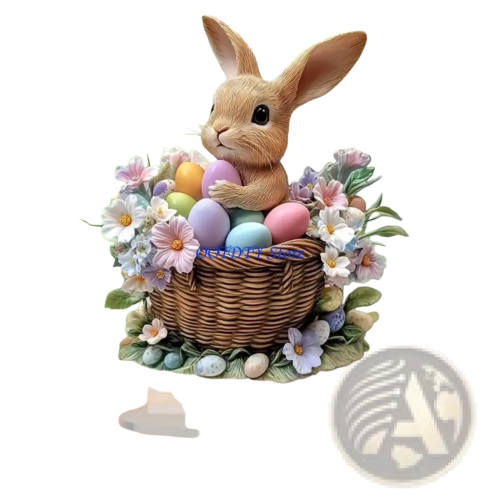 Acrylic Easter bunny figurine in brown nestled in a wicker basket with pastel eggs and spring flowers centerpiece