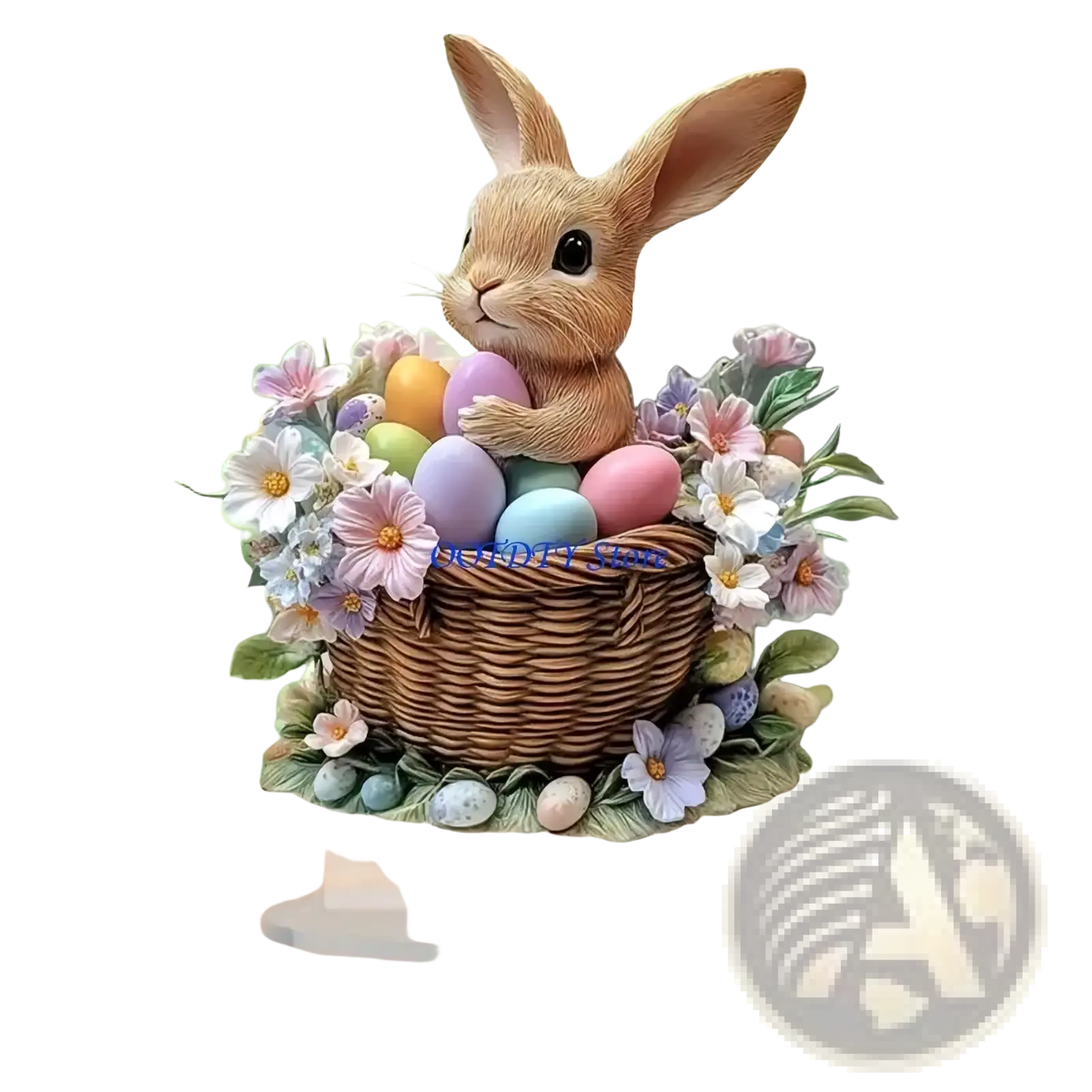 Acrylic Easter bunny figurine in brown nestled in a wicker basket with pastel eggs and spring flowers centerpiece
