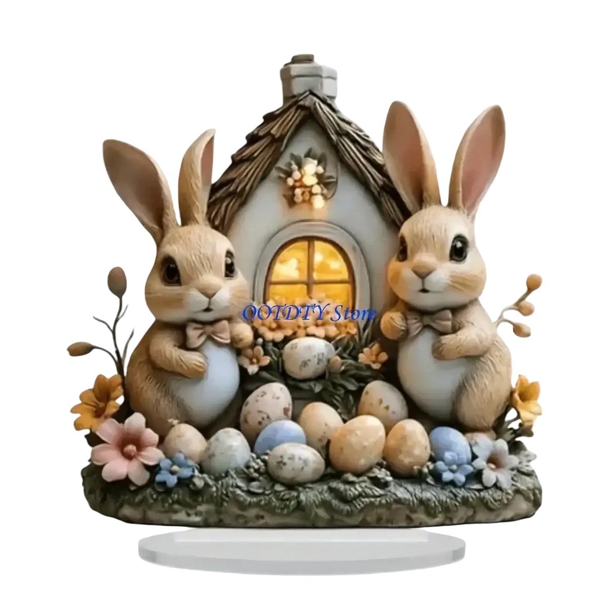 Cute beige acrylic easter bunny figurines with bow ties flank a glowing cottage in a spring table centerpiece