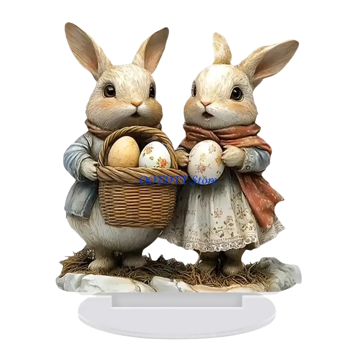 Cute resin Easter bunny figurine in blue and orange attire holding eggs and basket for spring table centerpiece