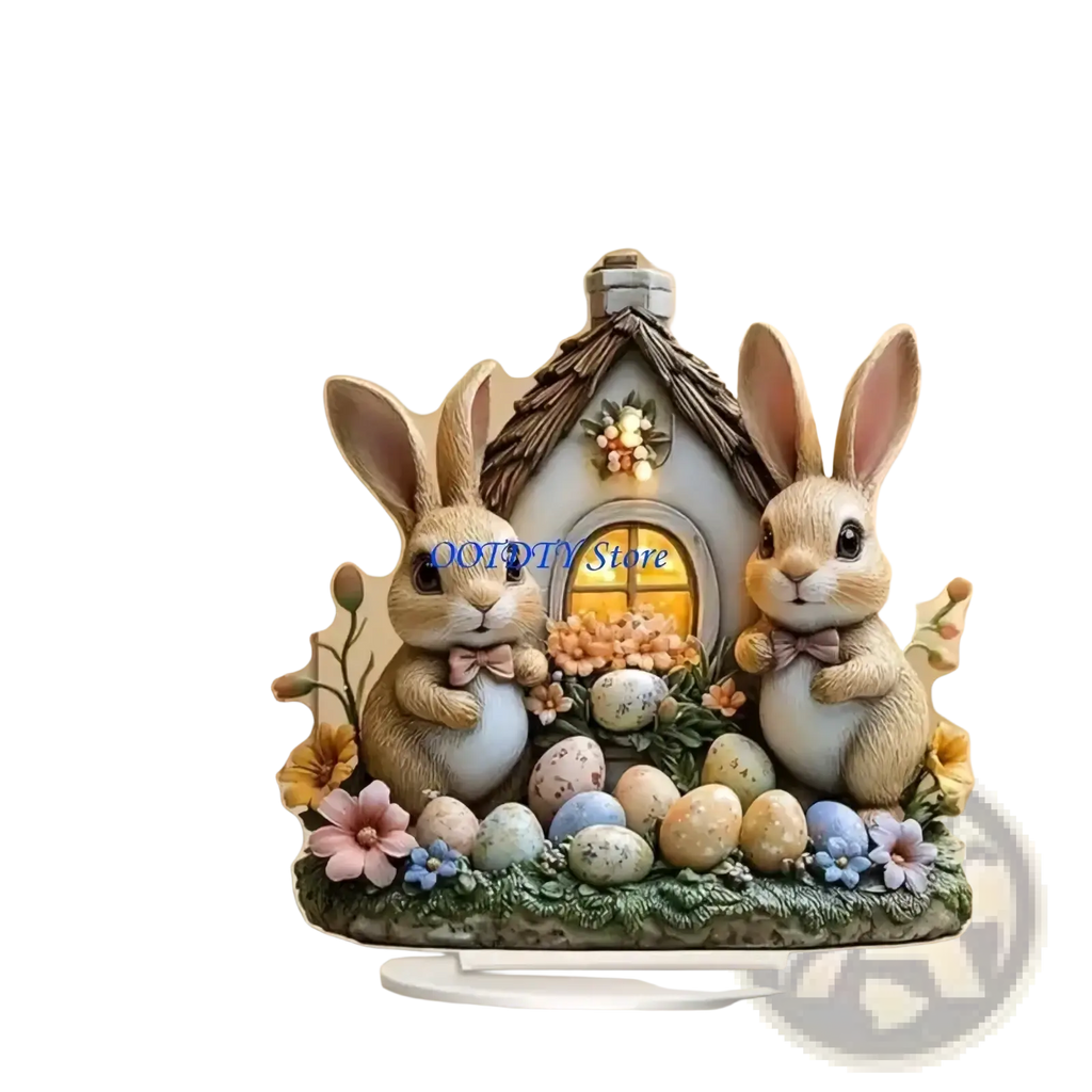 Easter bunny figurine acrylic spring table centerpiece with beige resin bunnies, miniature cottage, colorful eggs, and pastel flowers