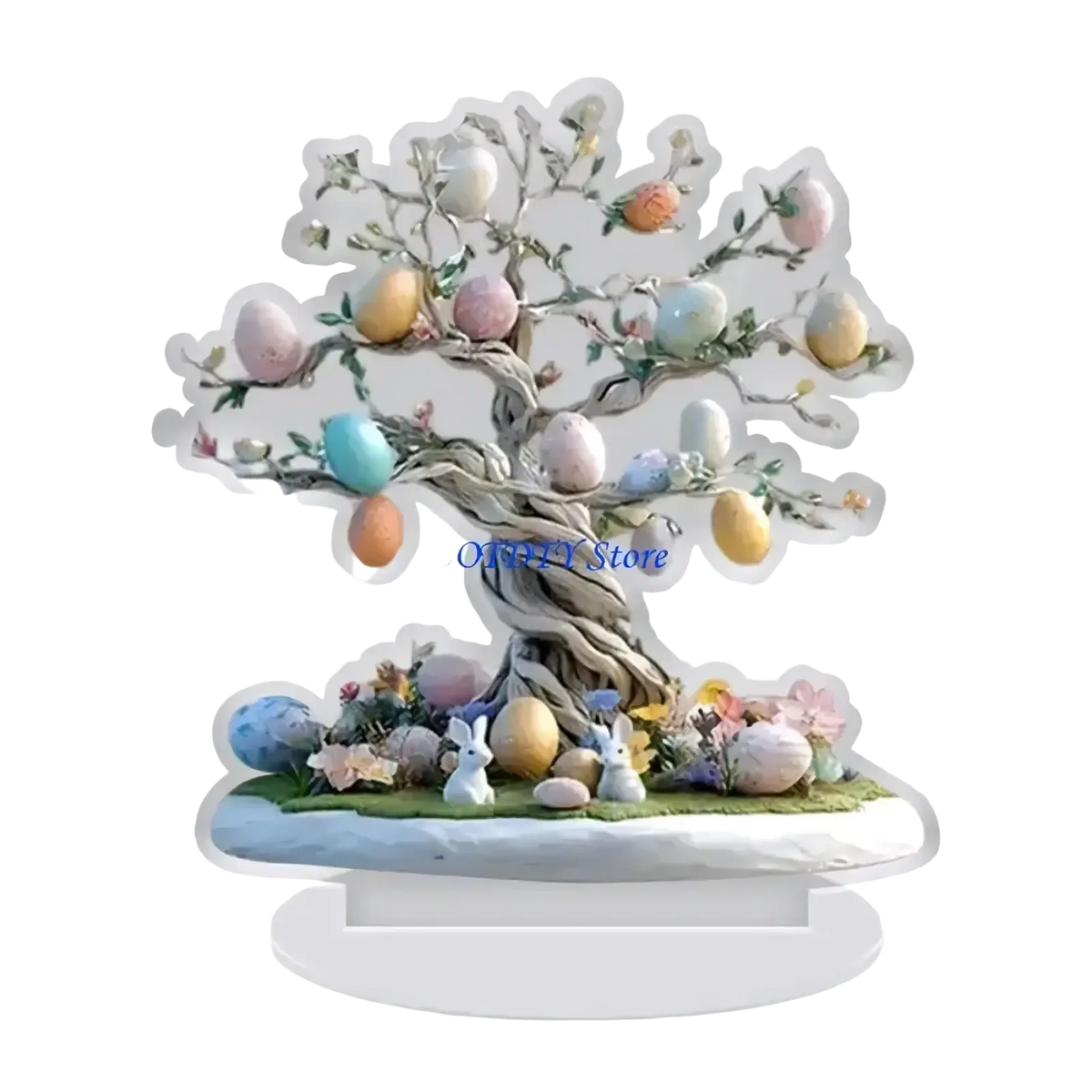 Easter bunny figurine acrylic spring table centerpiece with twisted trunk and pastel-colored egg-decorated branches