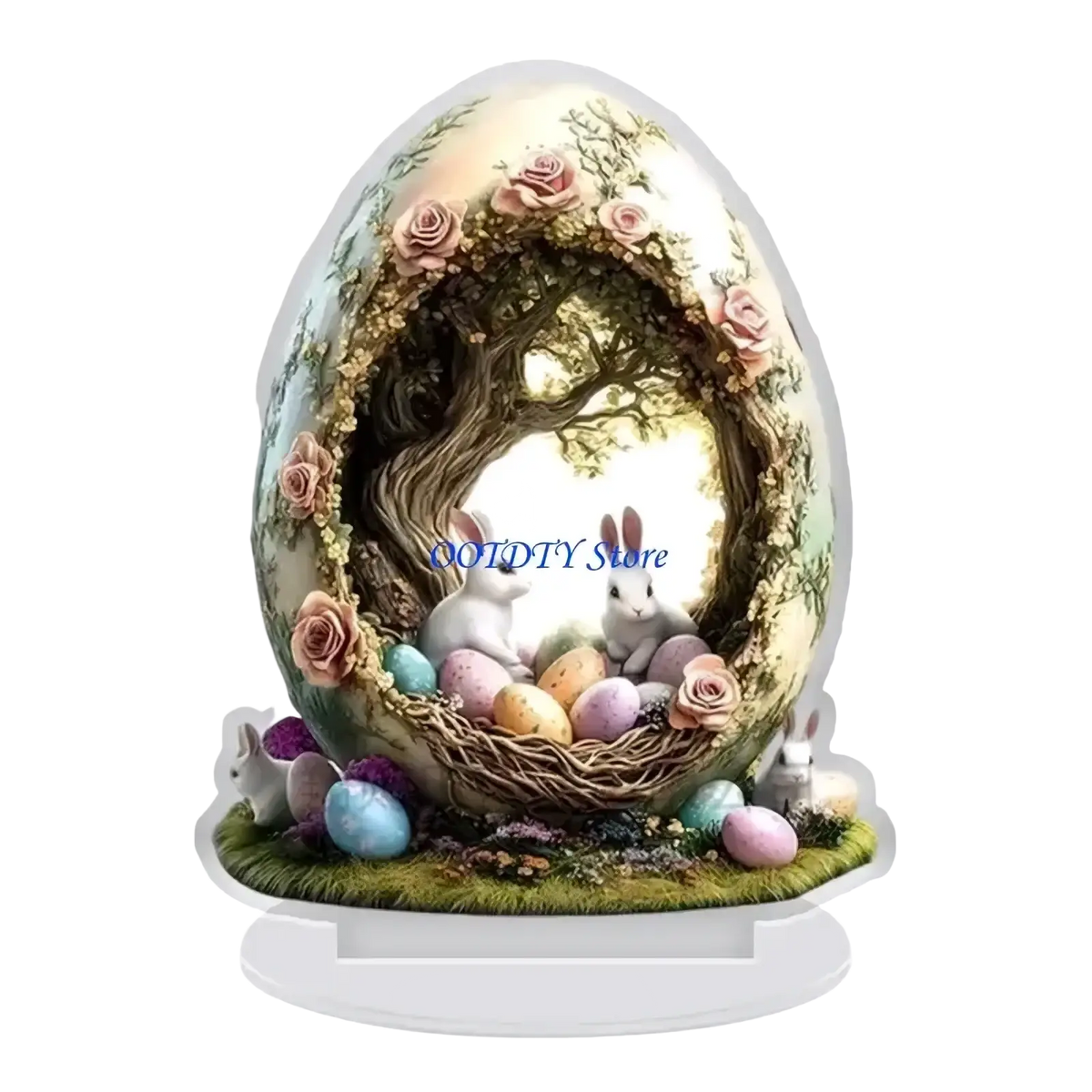Easter bunny figurine acrylic centerpiece with white rabbits in a basket of pastel eggs and pink roses on egg shape