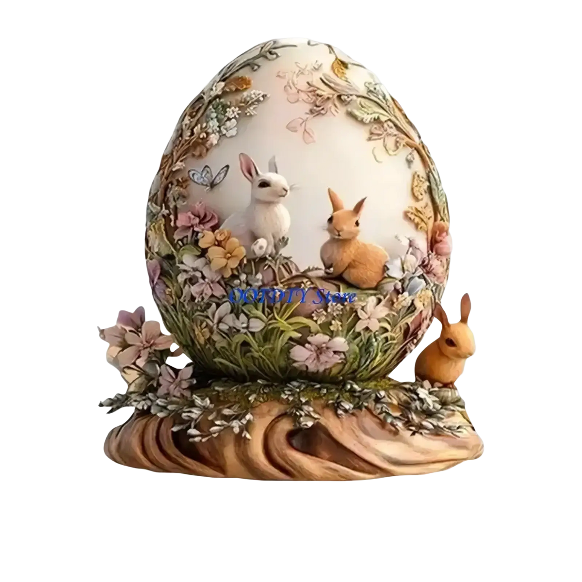 Easter bunny figurine acrylic spring table centerpiece with two white and one brown bunny among painted flowers on wood base
