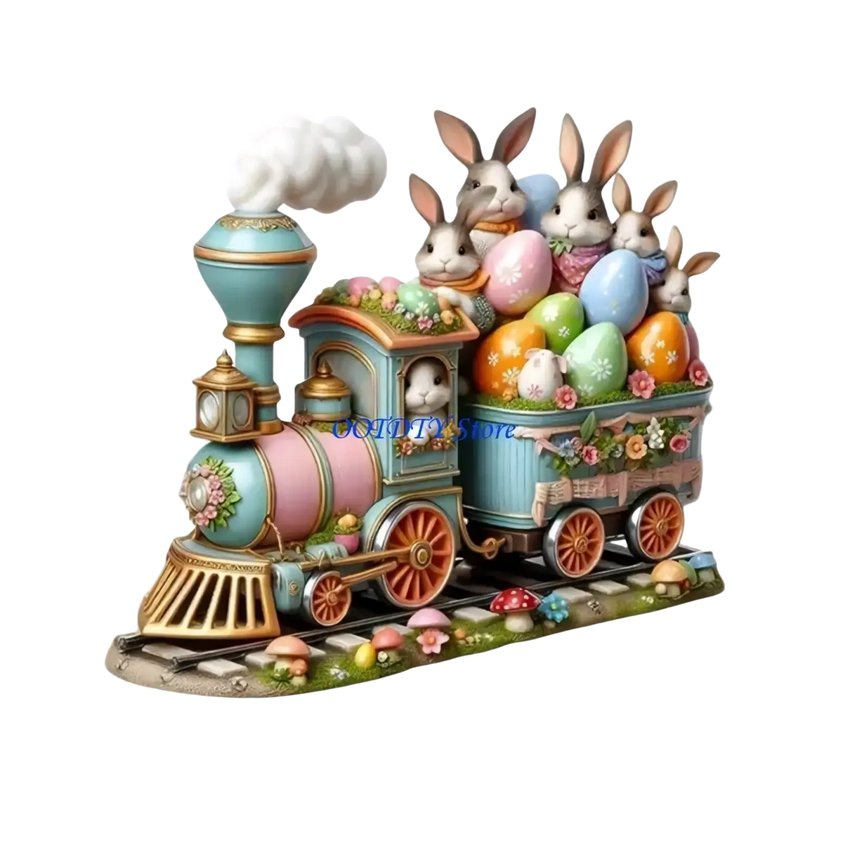 Pastel blue and pink ceramic easter train figurine with gold trim carrying rabbits and colorful eggs centerpiece