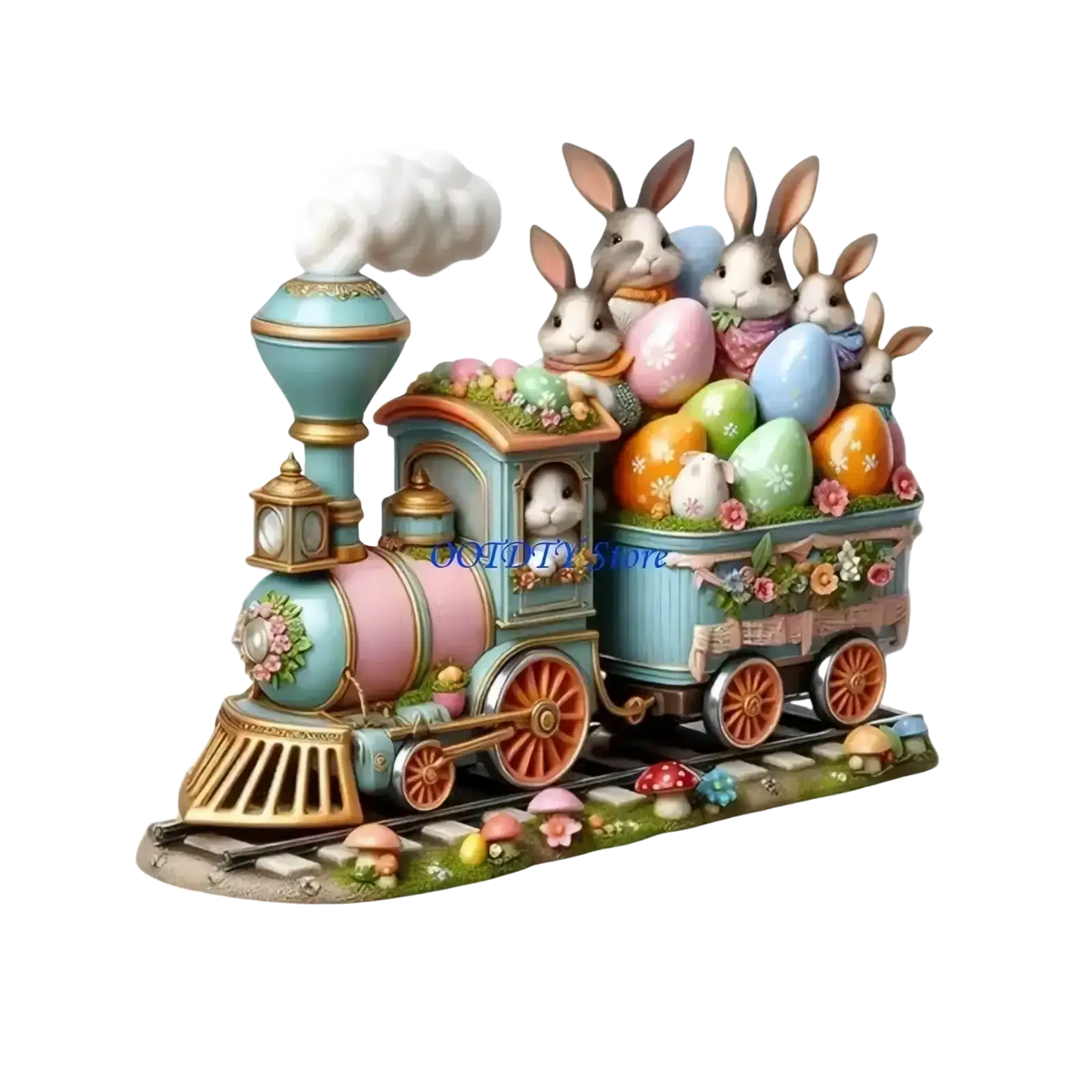 Pastel blue and pink ceramic easter bunny figurine with gold trim as a spring table centerpiece with eggs and bunnies