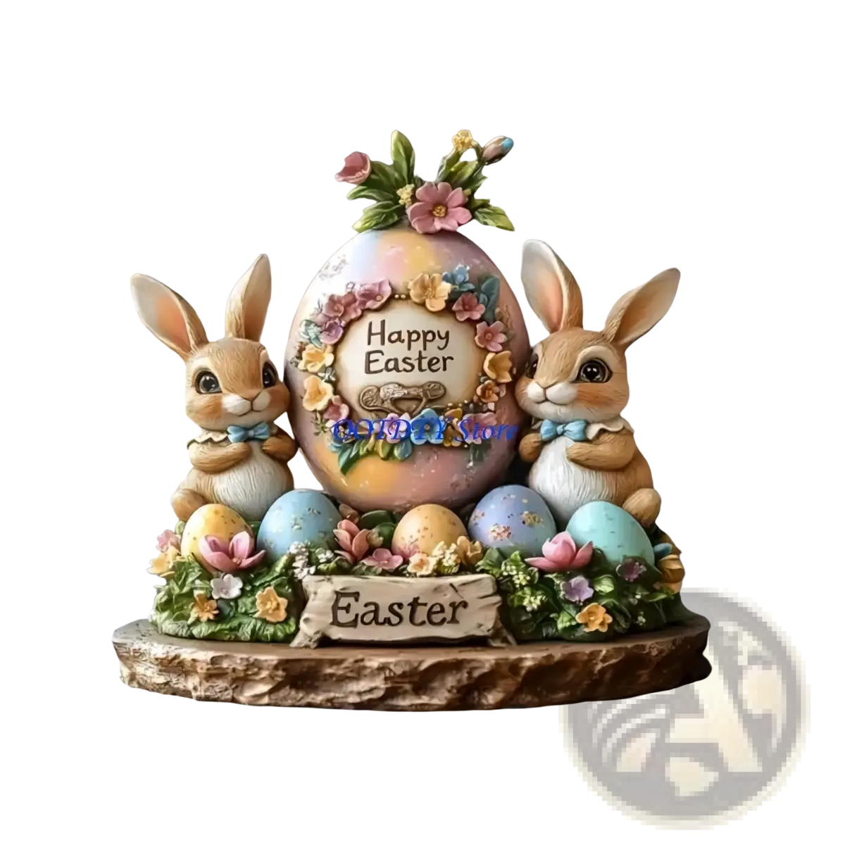 Pastel-colored 2d acrylic easter bunny figurine spring centerpiece with two brown bunnies and decorated eggs