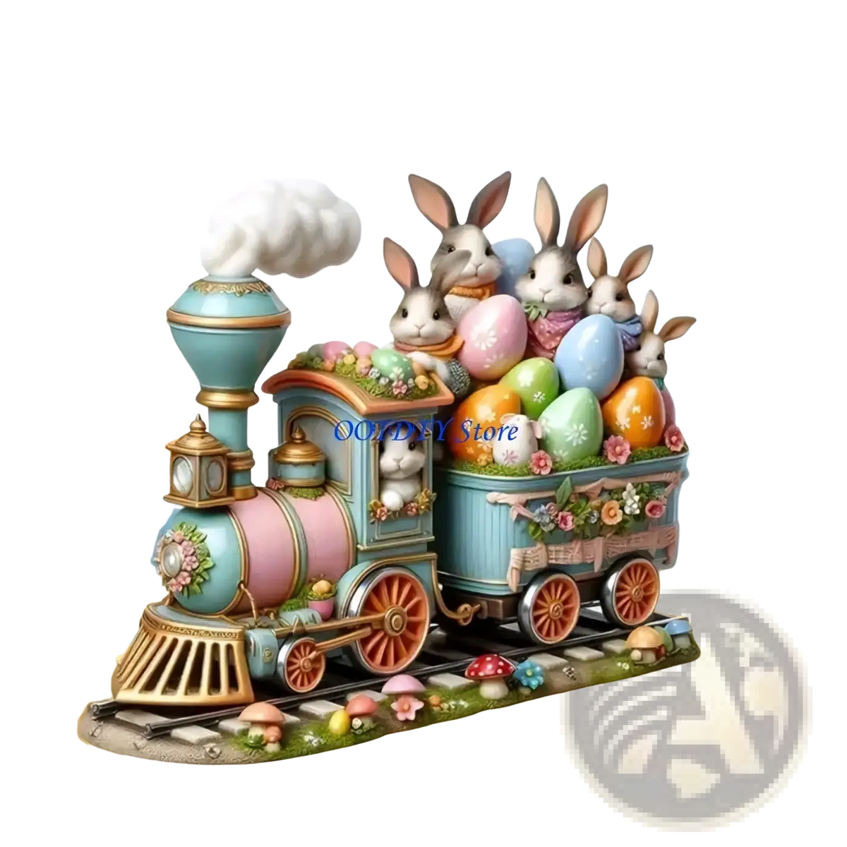 Pastel-colored ceramic easter bunny figurine train with painted rabbits and colorful eggs for spring table centerpiece