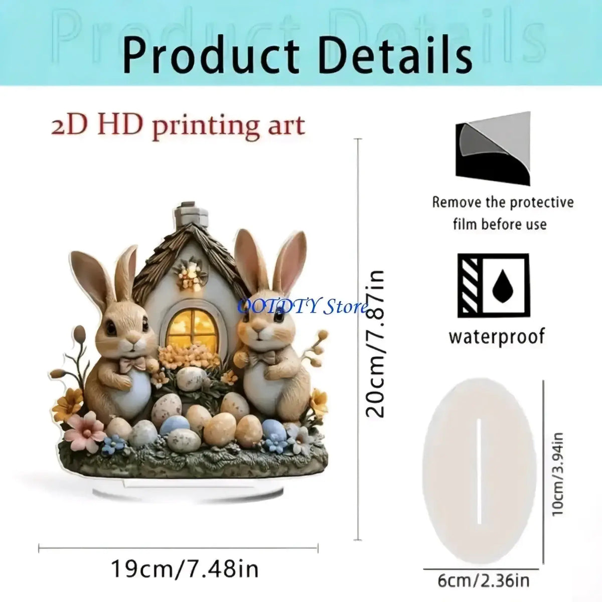 A charming acrylic easter bunny figurine featuring two beige resin rabbits with bow ties beside a cottage centerpiece
