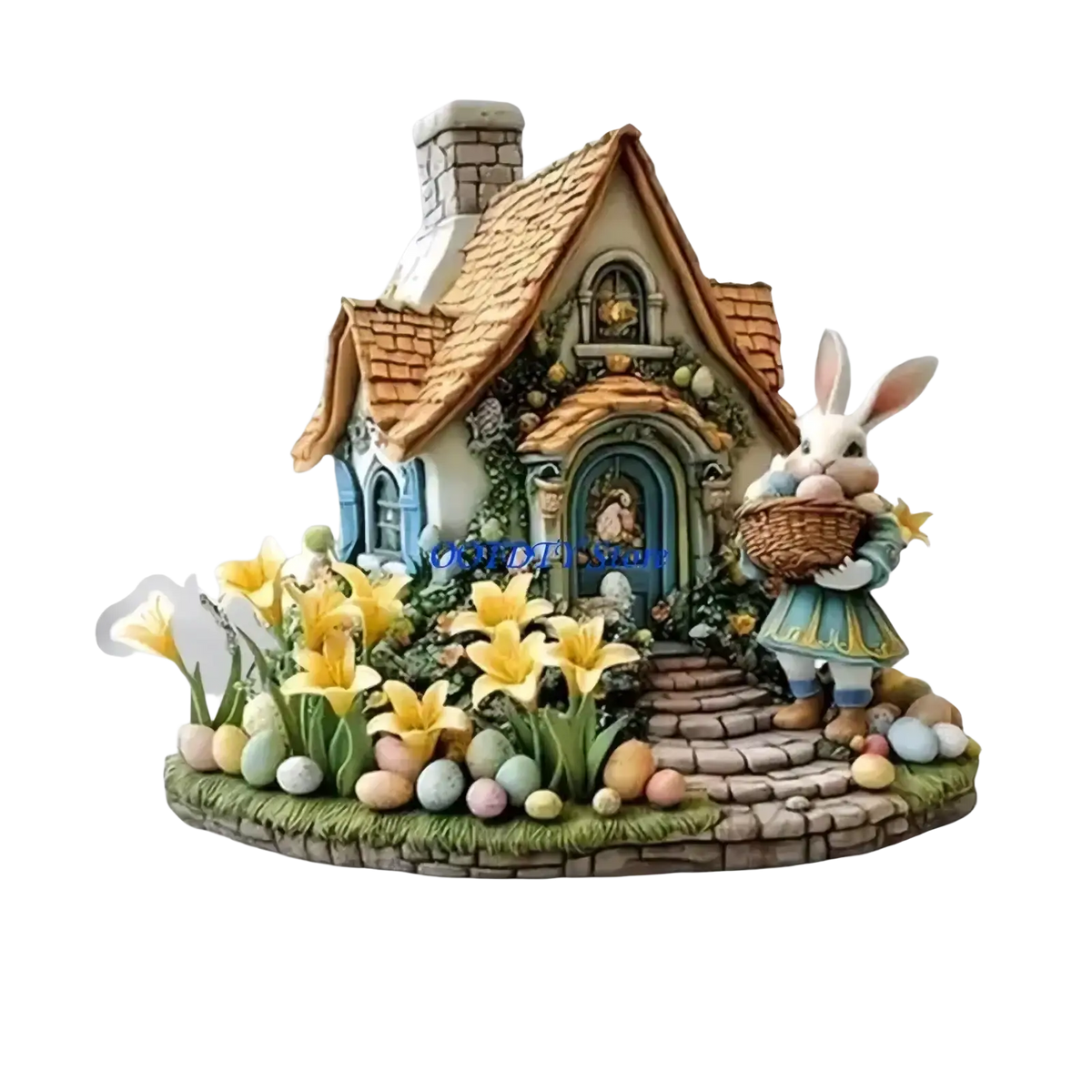 Easter bunny figurine acrylic spring centerpiece with white rabbit in green dress holding eggs among daffodils and painted eggs