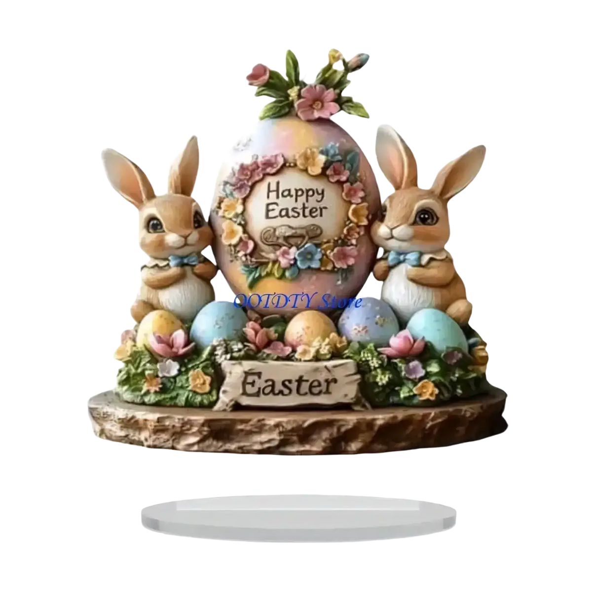 A charming easter bunny resin table centerpiece with tan rabbits blue bows pastel egg floral wreaths on rustic base