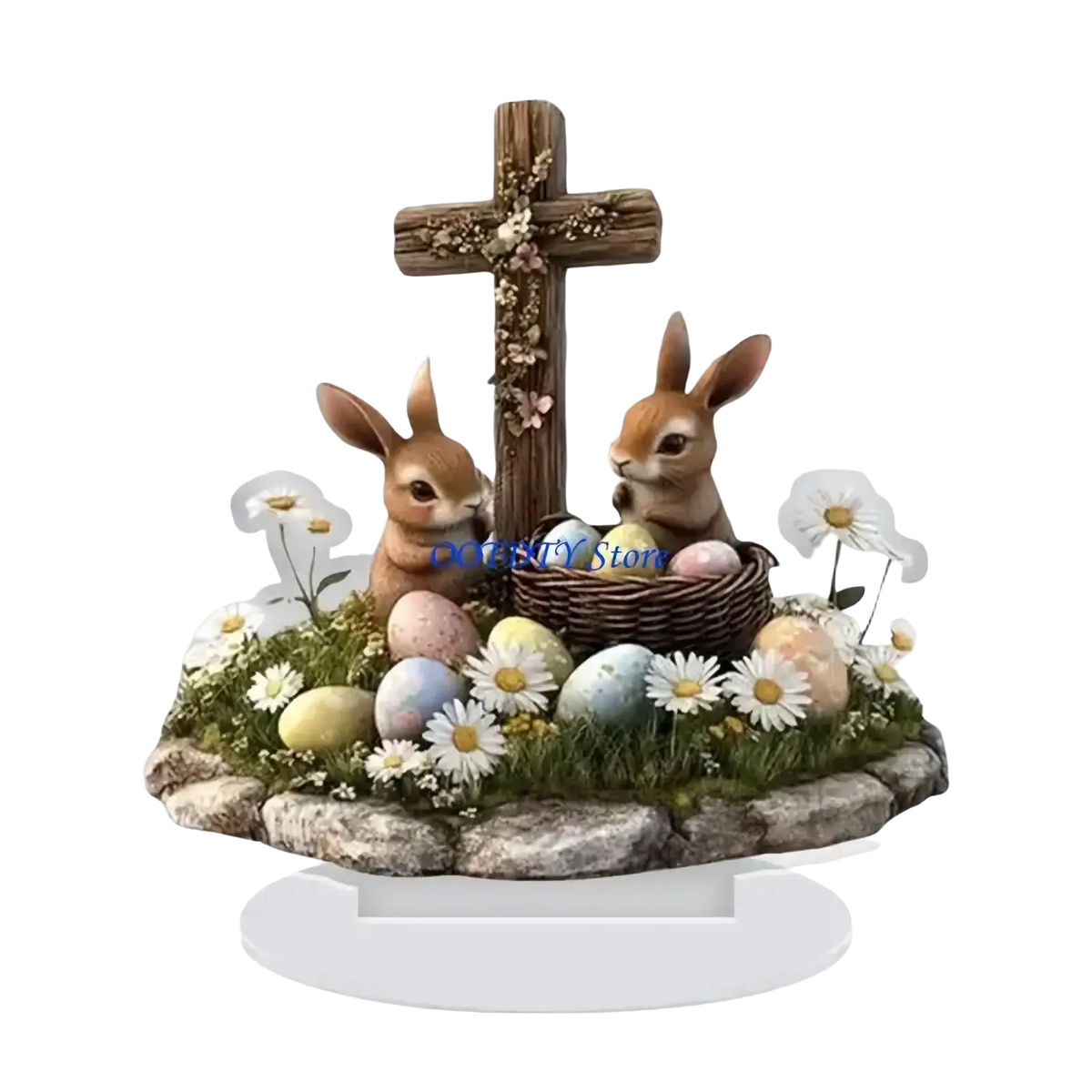 Easter bunny figurine acrylic centerpiece with brown rabbits, wooden cross, colorful eggs in basket, and daisies on stone base