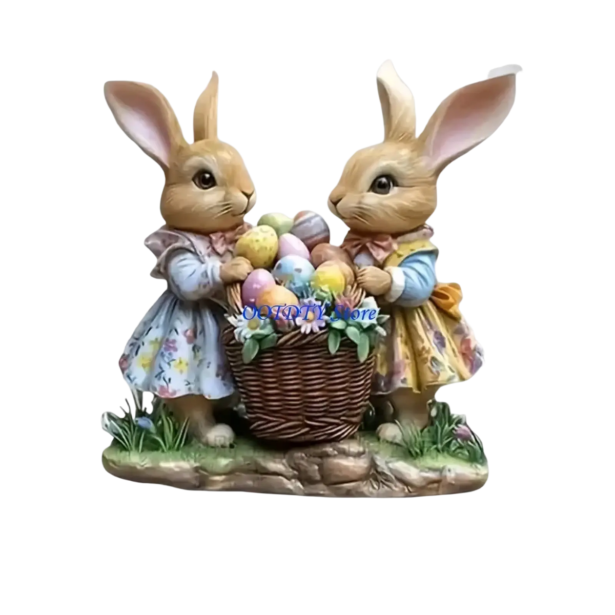 Two detailed easter bunny figurines in floral dresses holding a colorful egg basket acrylic spring centerpiece