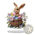 A charming brown acrylic easter bunny figurine nestled in a woven wicker basket with pastel eggs and flowers centerpiece