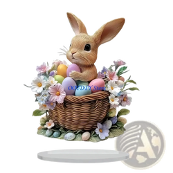A charming brown acrylic easter bunny figurine nestled in a woven wicker basket with pastel eggs and flowers centerpiece