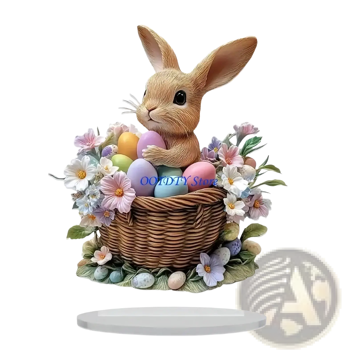 A charming brown acrylic easter bunny figurine nestled in a woven wicker basket with pastel eggs and flowers centerpiece