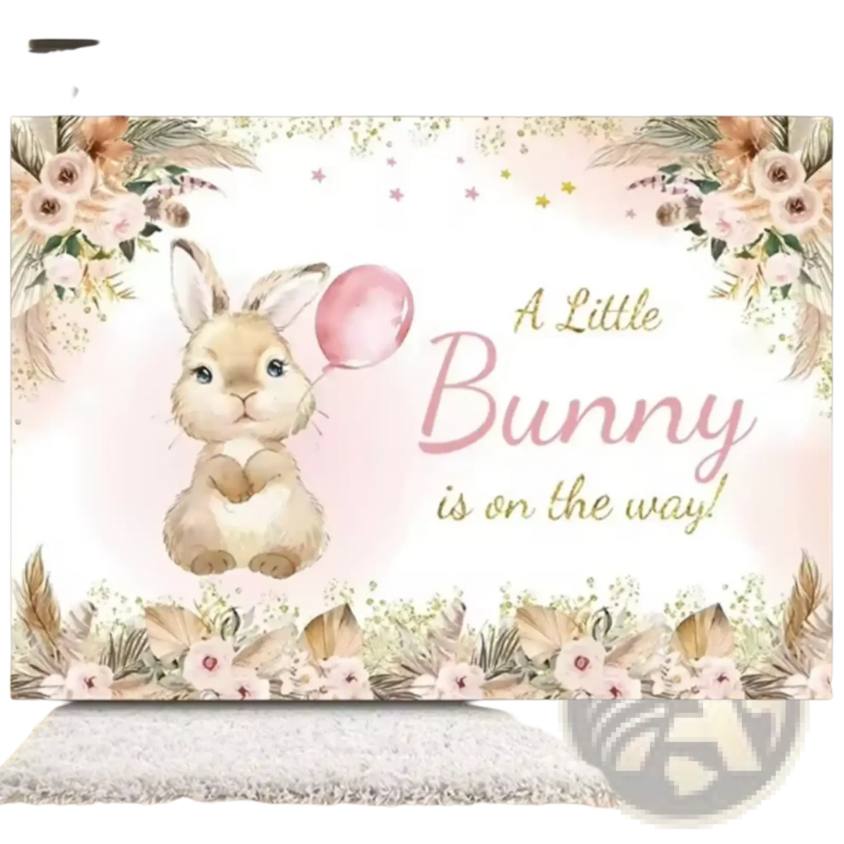 Easter bunny floral photography backdrop with soft pink beige colors featuring a cute bunny and balloon design