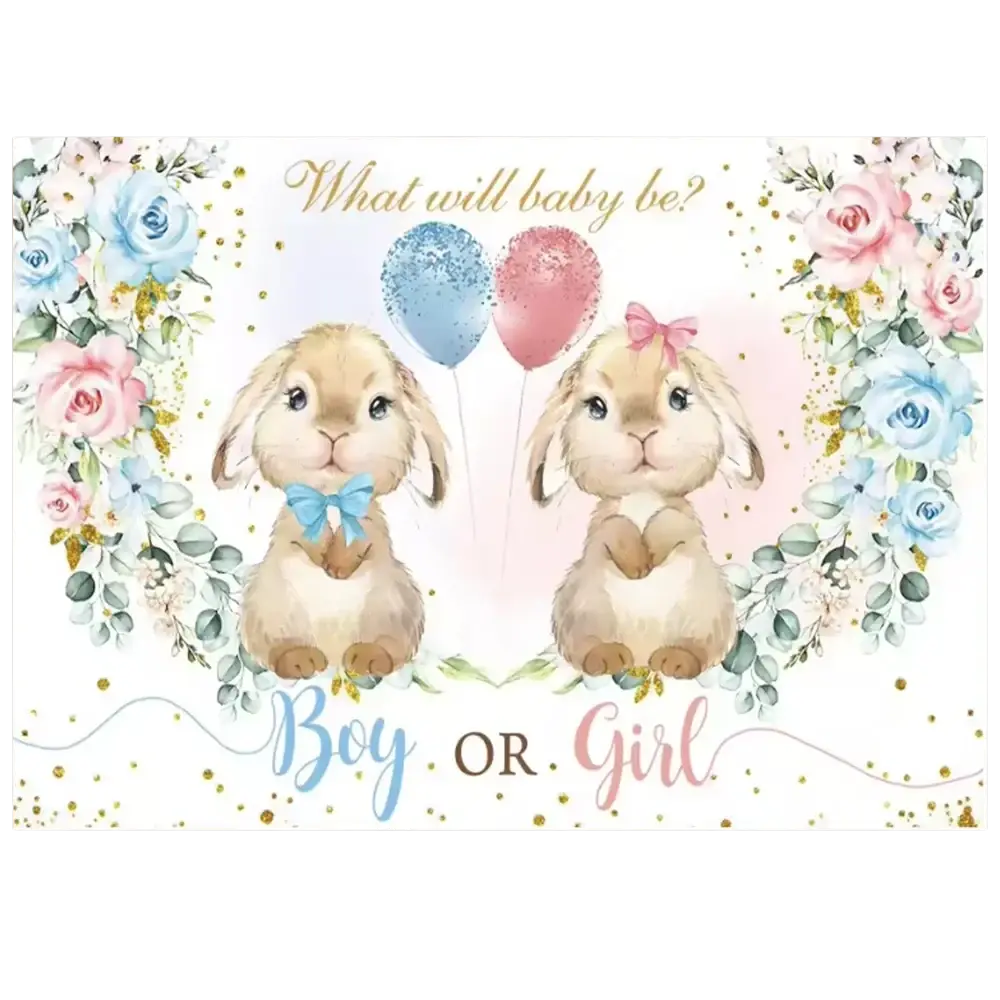 Easter bunny floral photography backdrop with beige bunnies, blue and pink bows, floral wreaths, and glittery balloons