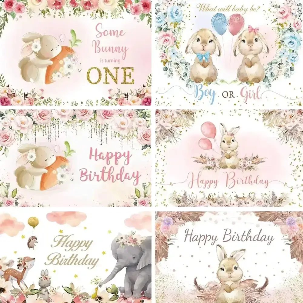 Pastel-colored easter bunny floral photography backdrop with bunny floral designs and floral borders for baby showers and birthdays