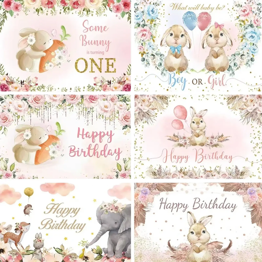 Pastel pink and blue floral Easter bunny photography backdrop with cute bunny illustrations and decorative text for baby showers