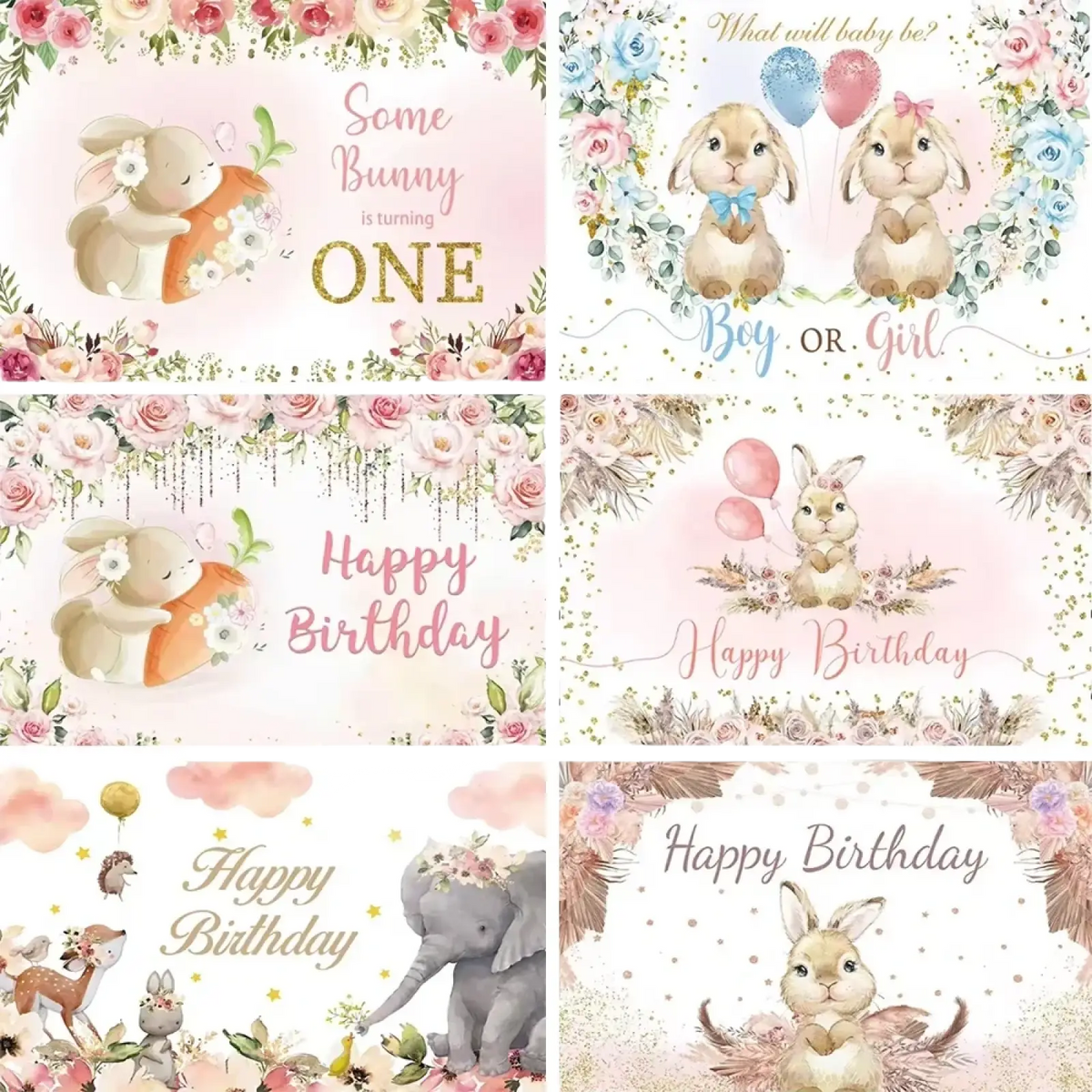 Pastel pink and blue floral Easter bunny photography backdrop with cute bunny illustrations and decorative text for baby showers