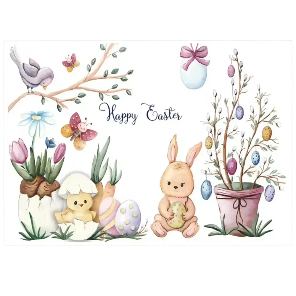 Pastel watercolor easter bunny floral photography backdrop with central bunny colorful eggs flowers and birds design