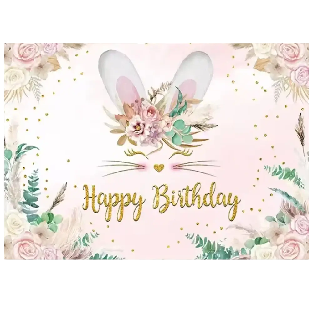 Pink floral easter bunny photography backdrop with gold glitter happy birthday text and decorative elements