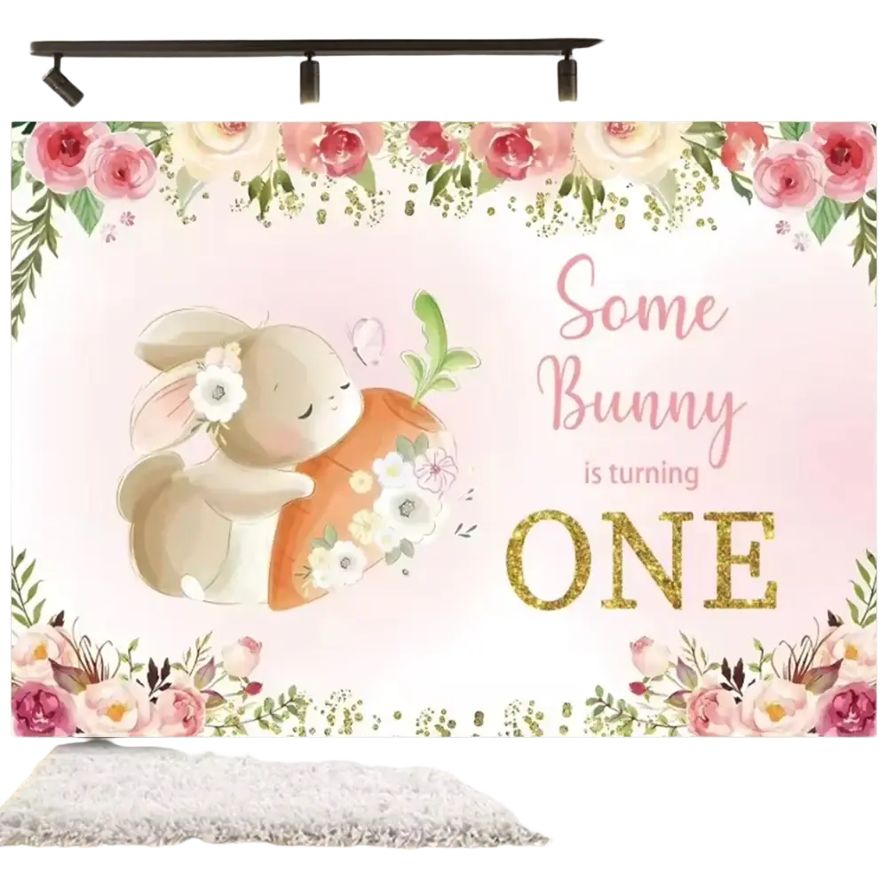 Pink floral-themed easter bunny floral photography backdrop with beige bunny holding orange carrot and pink white flowers