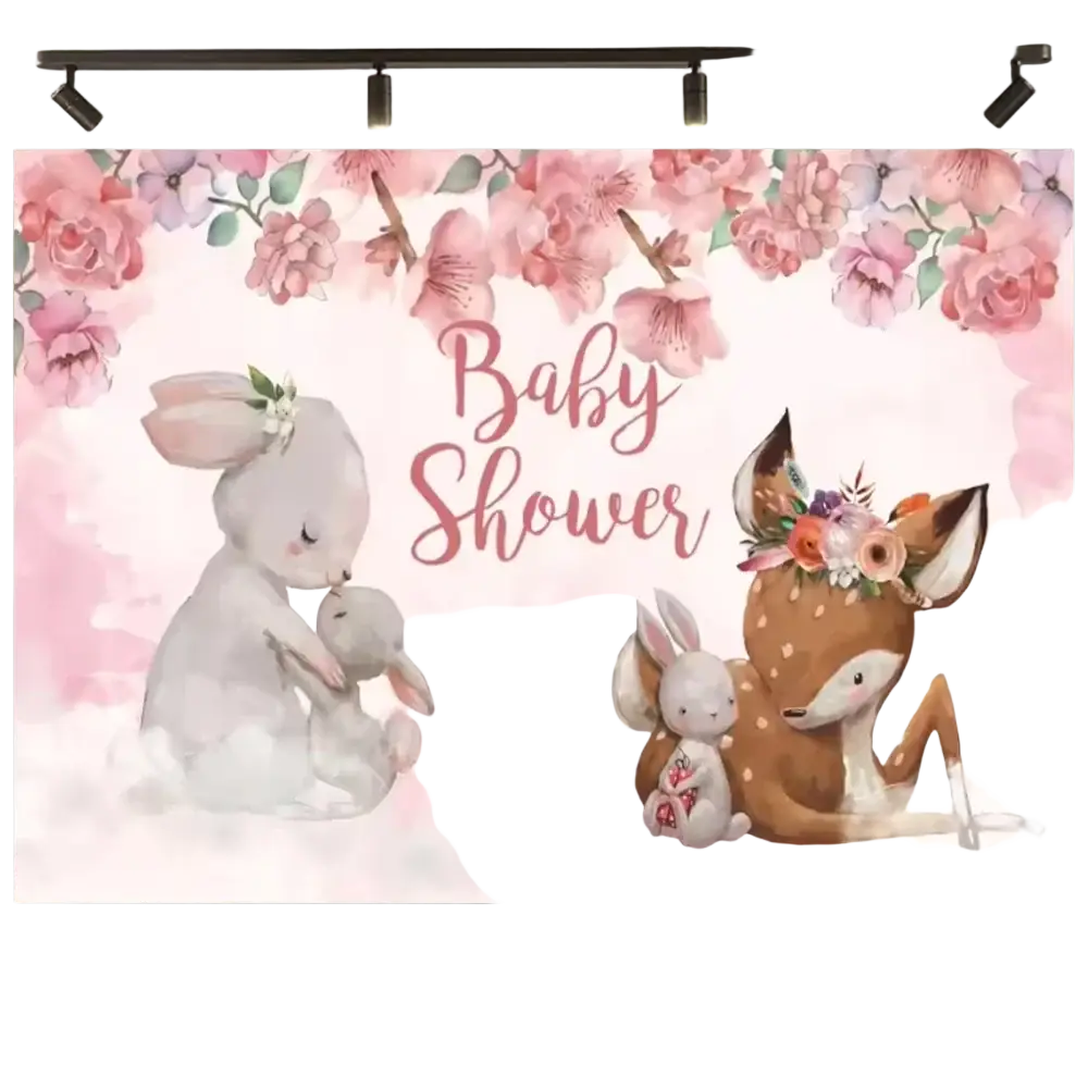 Pink watercolor easter bunny floral photography backdrop featuring illustrated rabbits and a deer with floral headpieces